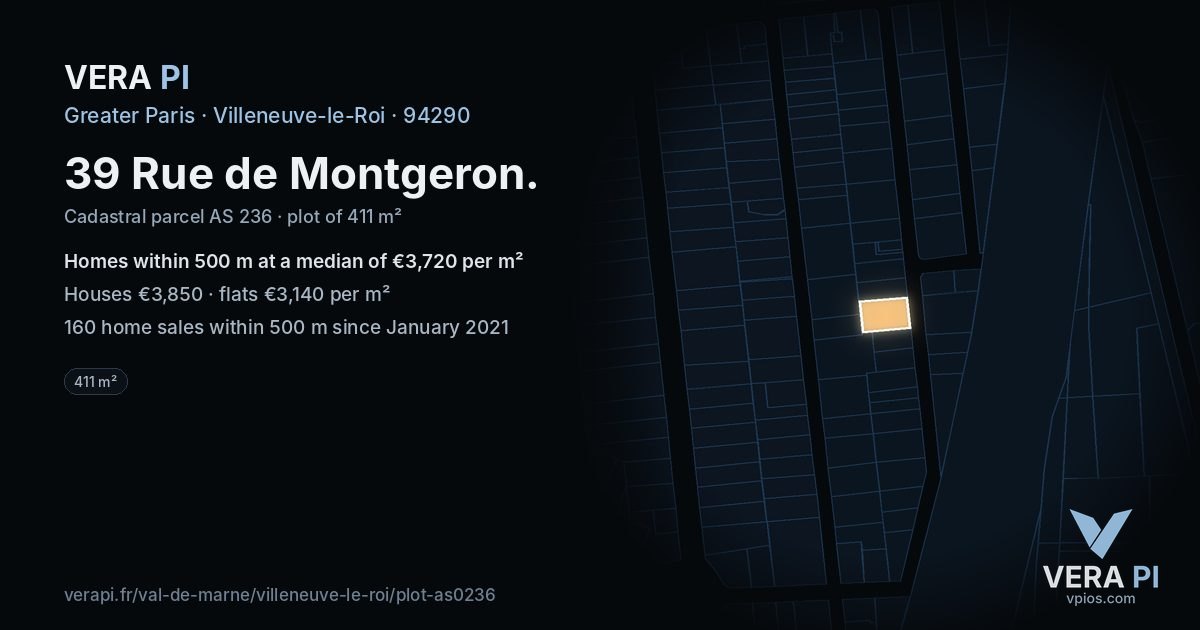 39 Rue de Montgeron, Villeneuve-le-Roi at night – the plot lit, the parcels around coloured by the prices near them
