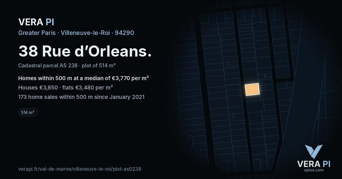 38 Rue d’Orleans, Villeneuve-le-Roi at night – the plot lit, the parcels around coloured by the prices near them