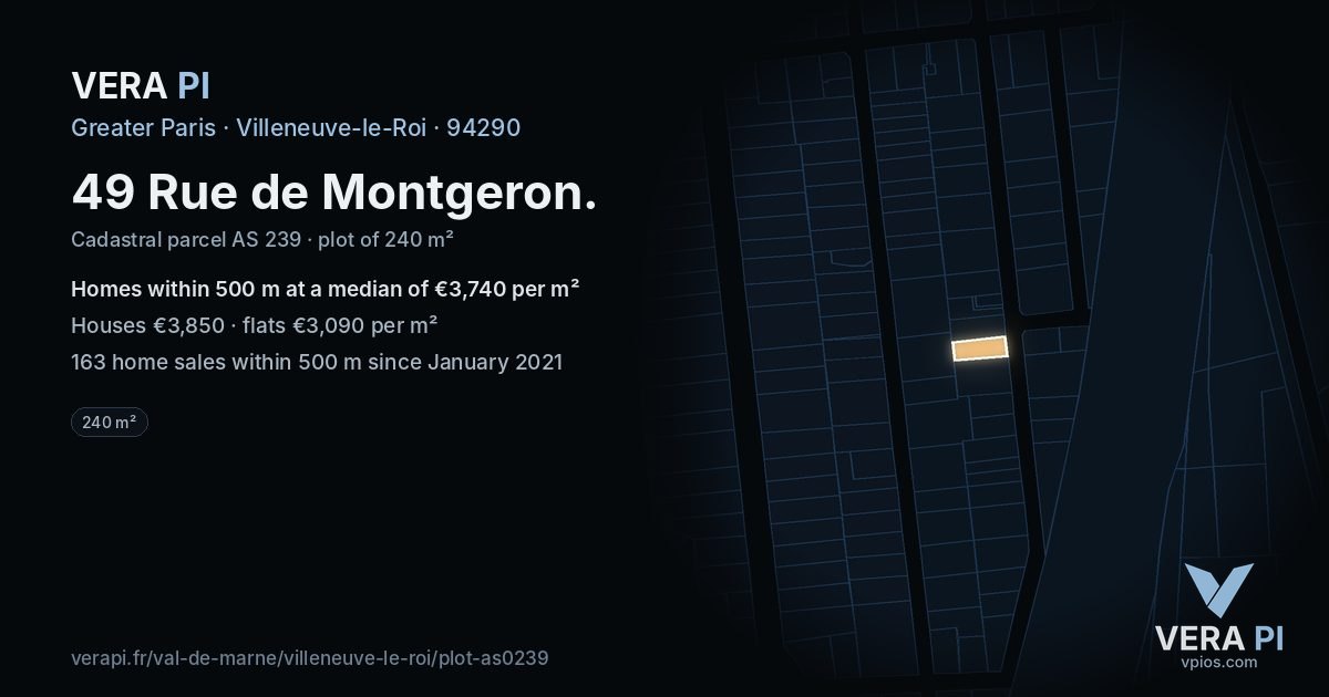 49 Rue de Montgeron, Villeneuve-le-Roi at night – the plot lit, the parcels around coloured by the prices near them