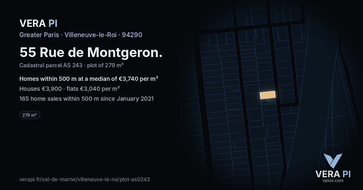 55 Rue de Montgeron, Villeneuve-le-Roi at night – the plot lit, the parcels around coloured by the prices near them