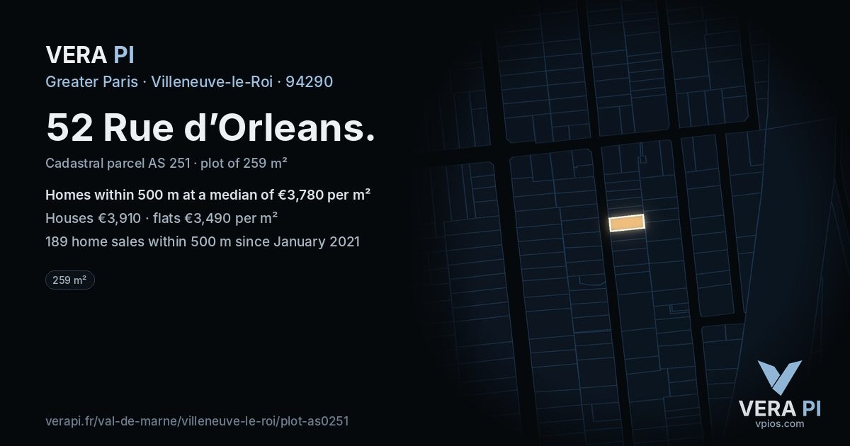 52 Rue d’Orleans, Villeneuve-le-Roi at night – the plot lit, the parcels around coloured by the prices near them