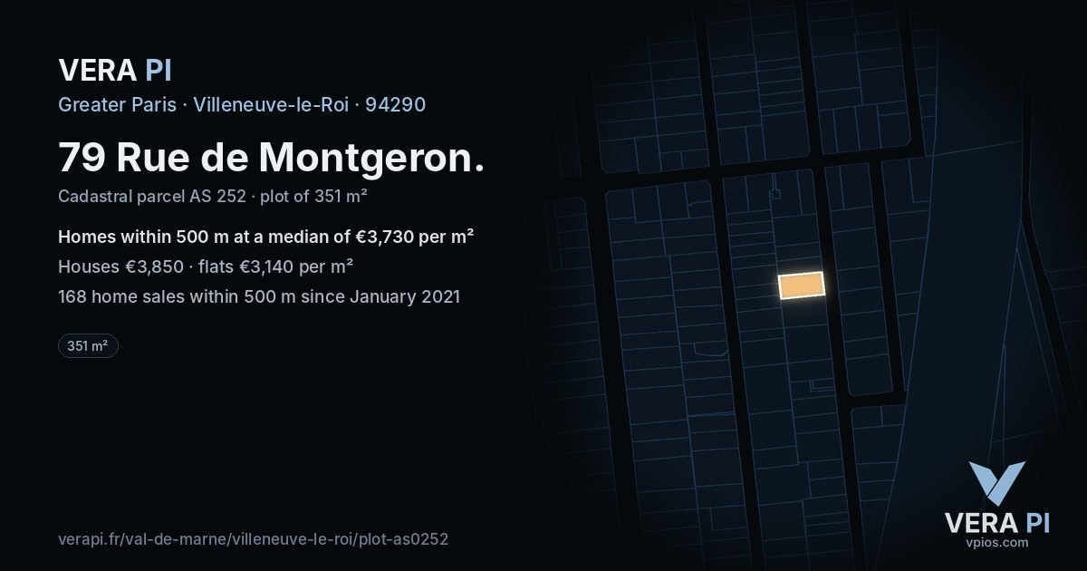 79 Rue de Montgeron, Villeneuve-le-Roi at night – the plot lit, the parcels around coloured by the prices near them