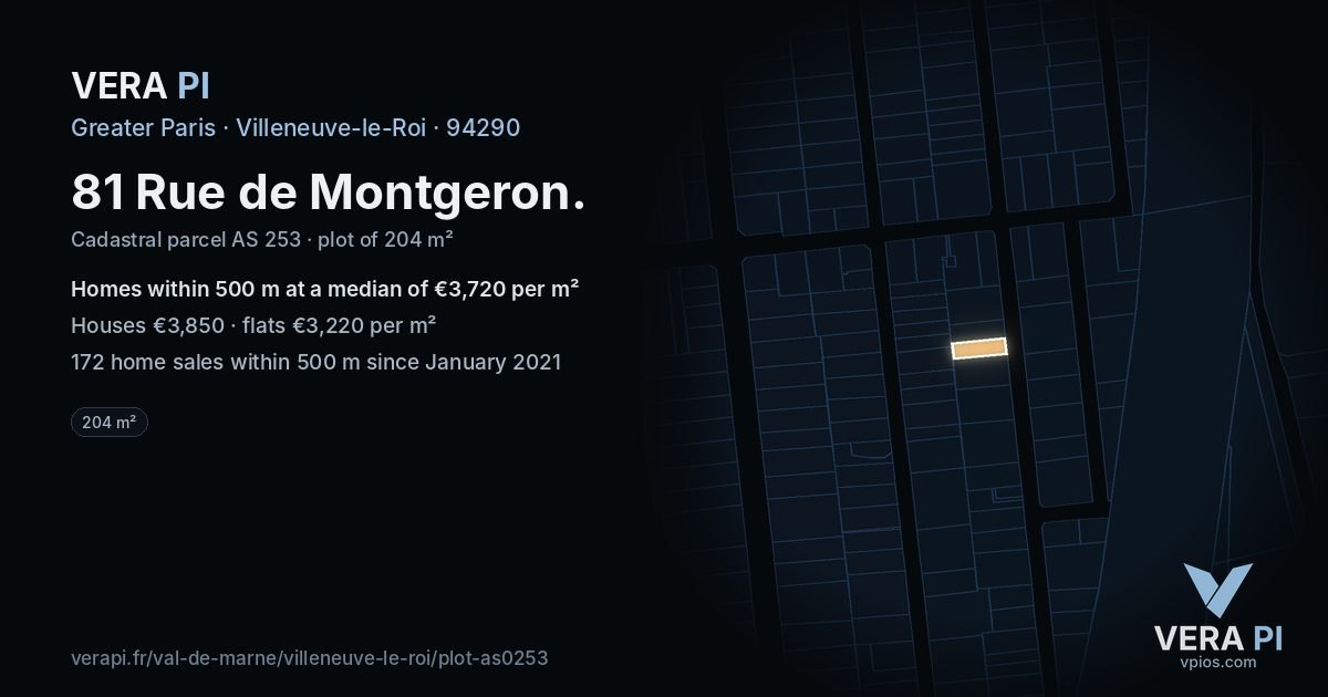 81 Rue de Montgeron, Villeneuve-le-Roi at night – the plot lit, the parcels around coloured by the prices near them