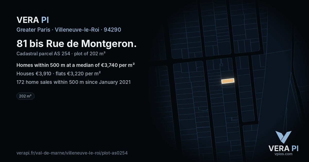 81 bis Rue de Montgeron, Villeneuve-le-Roi at night – the plot lit, the parcels around coloured by the prices near them