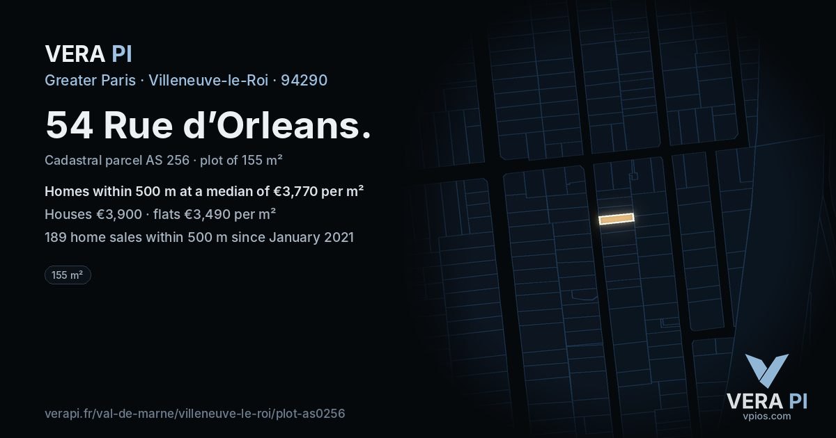 54 Rue d’Orleans, Villeneuve-le-Roi at night – the plot lit, the parcels around coloured by the prices near them