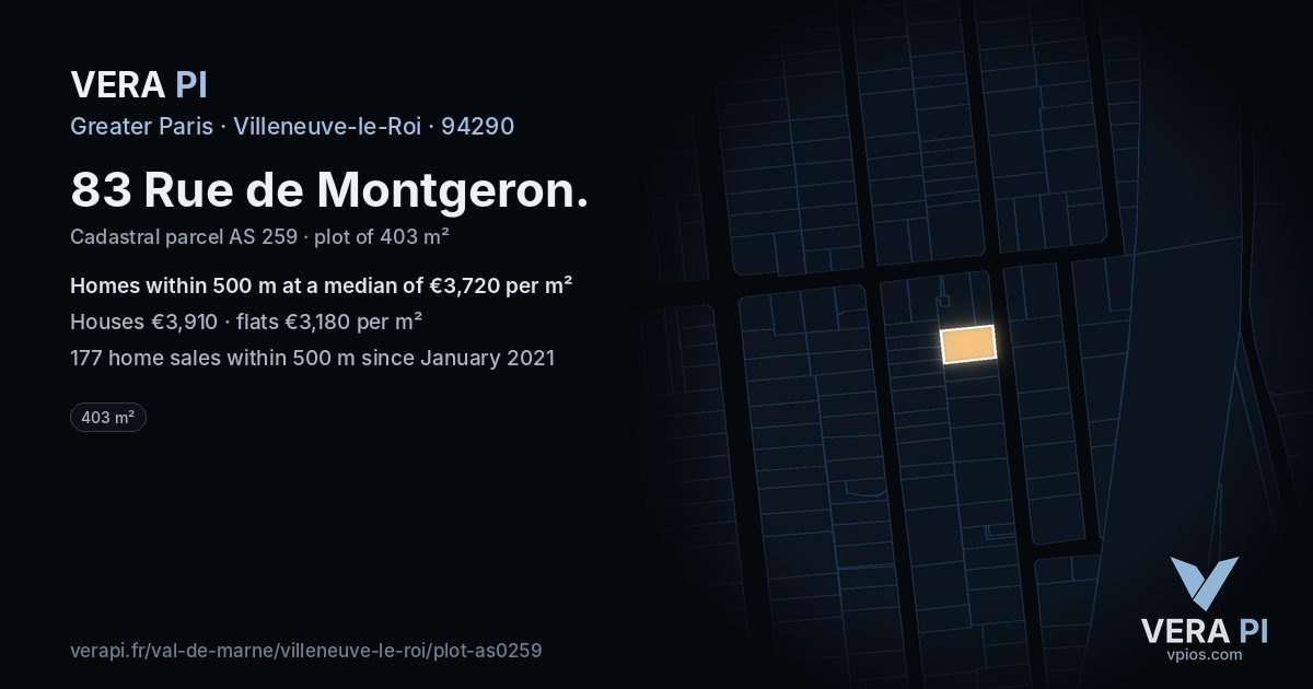83 Rue de Montgeron, Villeneuve-le-Roi at night – the plot lit, the parcels around coloured by the prices near them