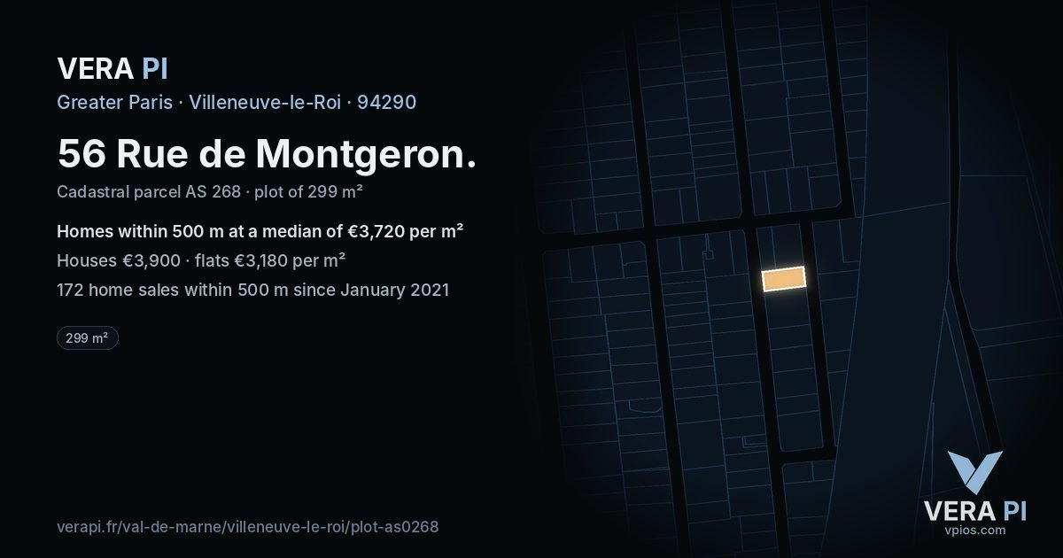 56 Rue de Montgeron, Villeneuve-le-Roi at night – the plot lit, the parcels around coloured by the prices near them