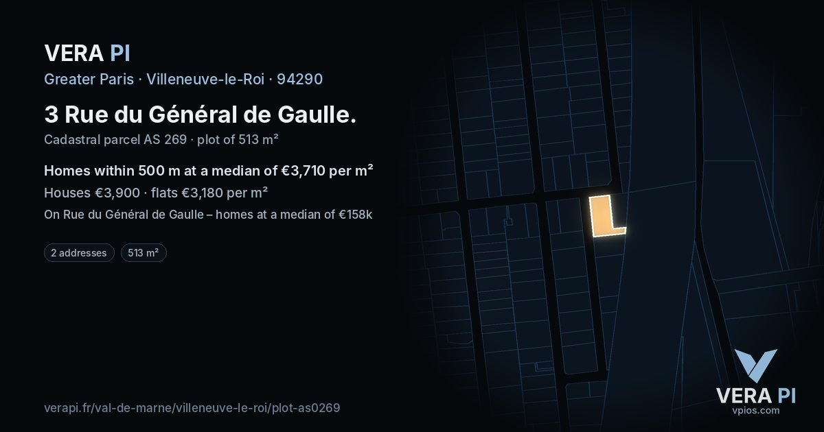3 Rue du Général de Gaulle, Villeneuve-le-Roi at night – the plot lit, the parcels around coloured by the prices near them