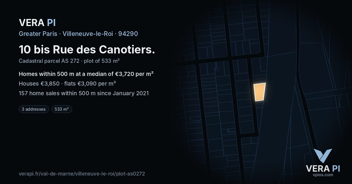 10 bis Rue des Canotiers, Villeneuve-le-Roi at night – the plot lit, the parcels around coloured by the prices near them