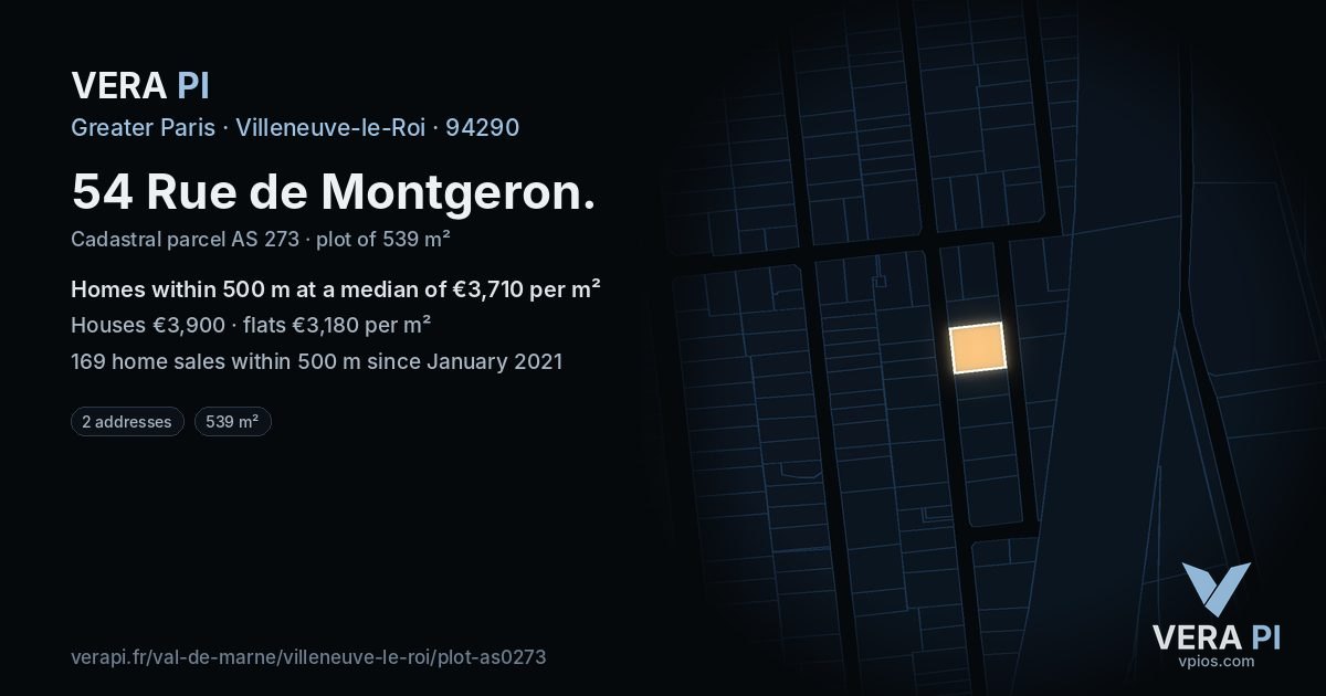 54 Rue de Montgeron, Villeneuve-le-Roi at night – the plot lit, the parcels around coloured by the prices near them