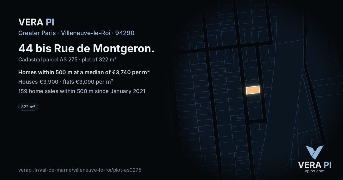 44 bis Rue de Montgeron, Villeneuve-le-Roi at night – the plot lit, the parcels around coloured by the prices near them