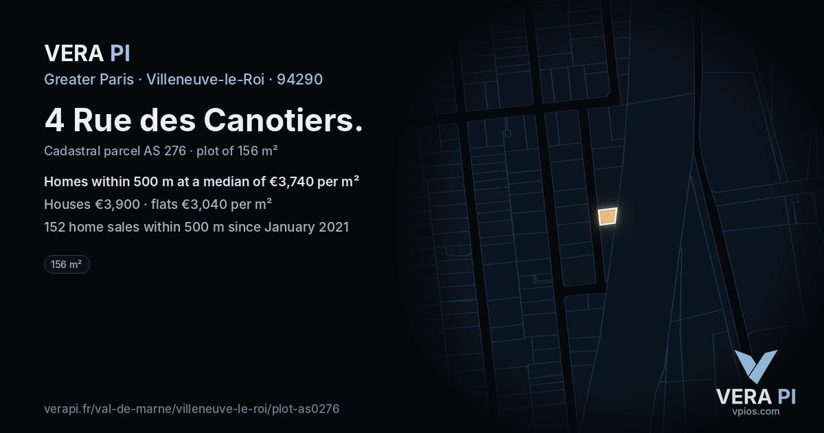 4 Rue des Canotiers, Villeneuve-le-Roi at night – the plot lit, the parcels around coloured by the prices near them