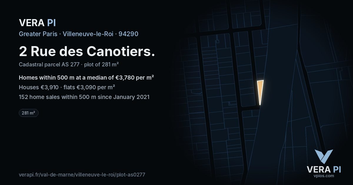 2 Rue des Canotiers, Villeneuve-le-Roi at night – the plot lit, the parcels around coloured by the prices near them