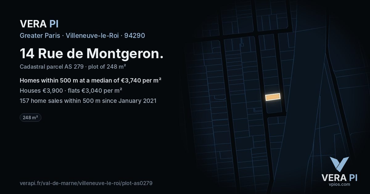 14 Rue de Montgeron, Villeneuve-le-Roi at night – the plot lit, the parcels around coloured by the prices near them