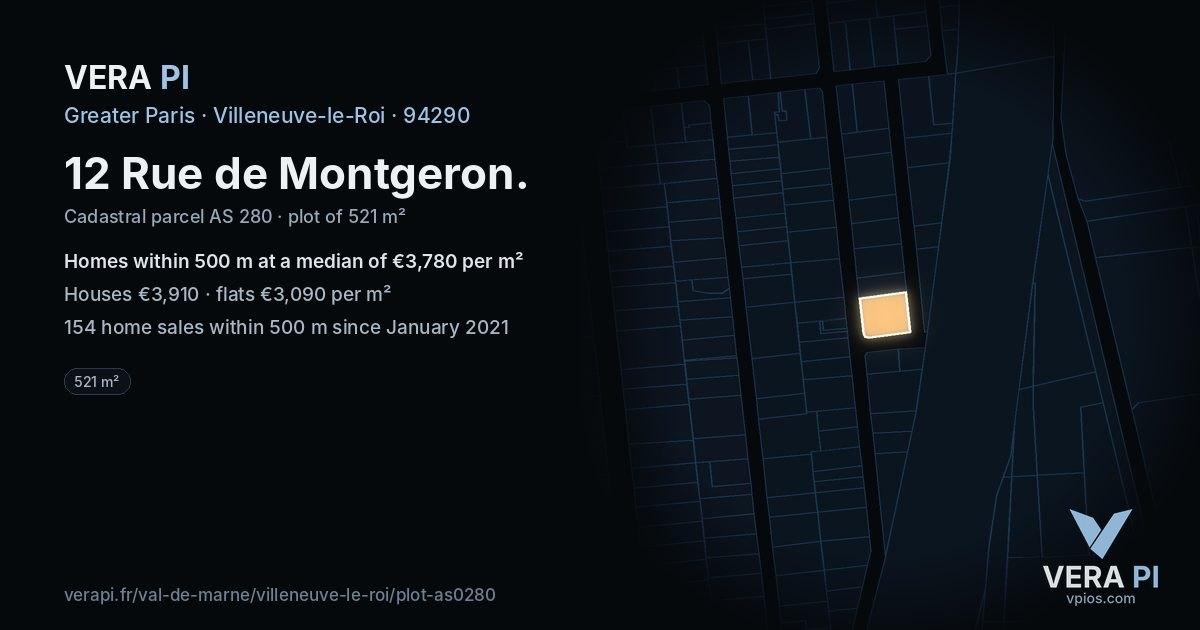 12 Rue de Montgeron, Villeneuve-le-Roi at night – the plot lit, the parcels around coloured by the prices near them