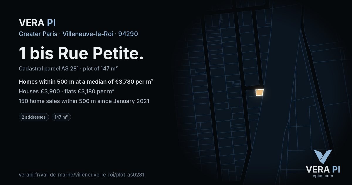 1 bis Rue Petite, Villeneuve-le-Roi at night – the plot lit, the parcels around coloured by the prices near them