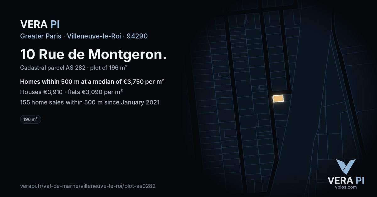 10 Rue de Montgeron, Villeneuve-le-Roi at night – the plot lit, the parcels around coloured by the prices near them