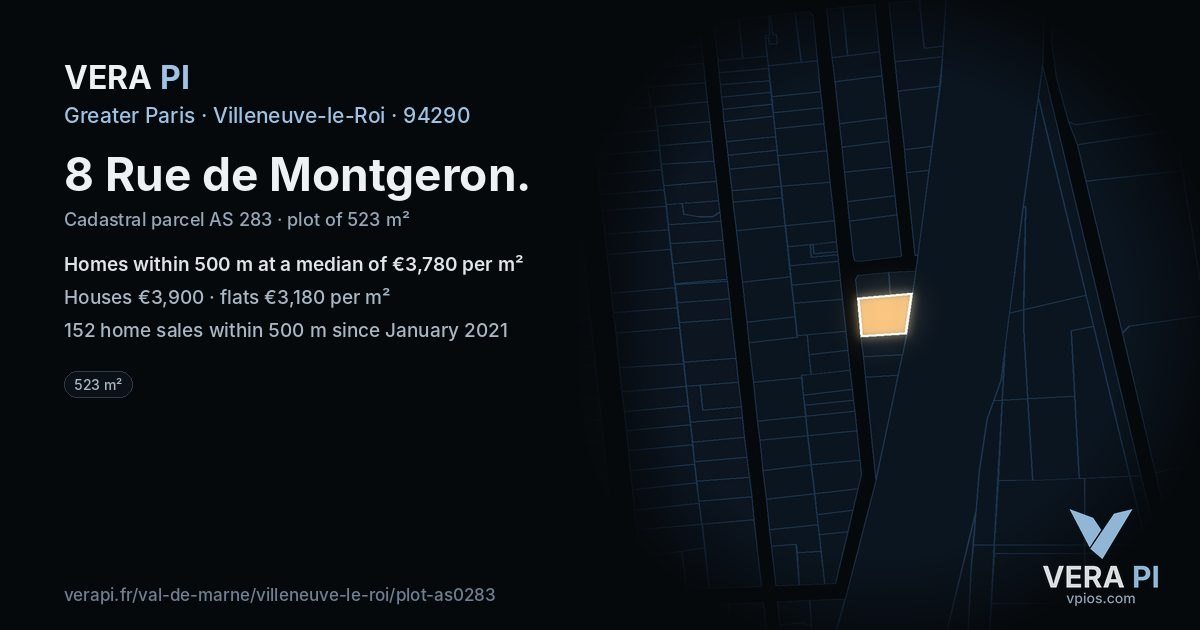 8 Rue de Montgeron, Villeneuve-le-Roi at night – the plot lit, the parcels around coloured by the prices near them