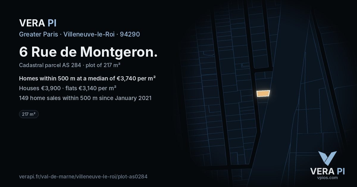 6 Rue de Montgeron, Villeneuve-le-Roi at night – the plot lit, the parcels around coloured by the prices near them