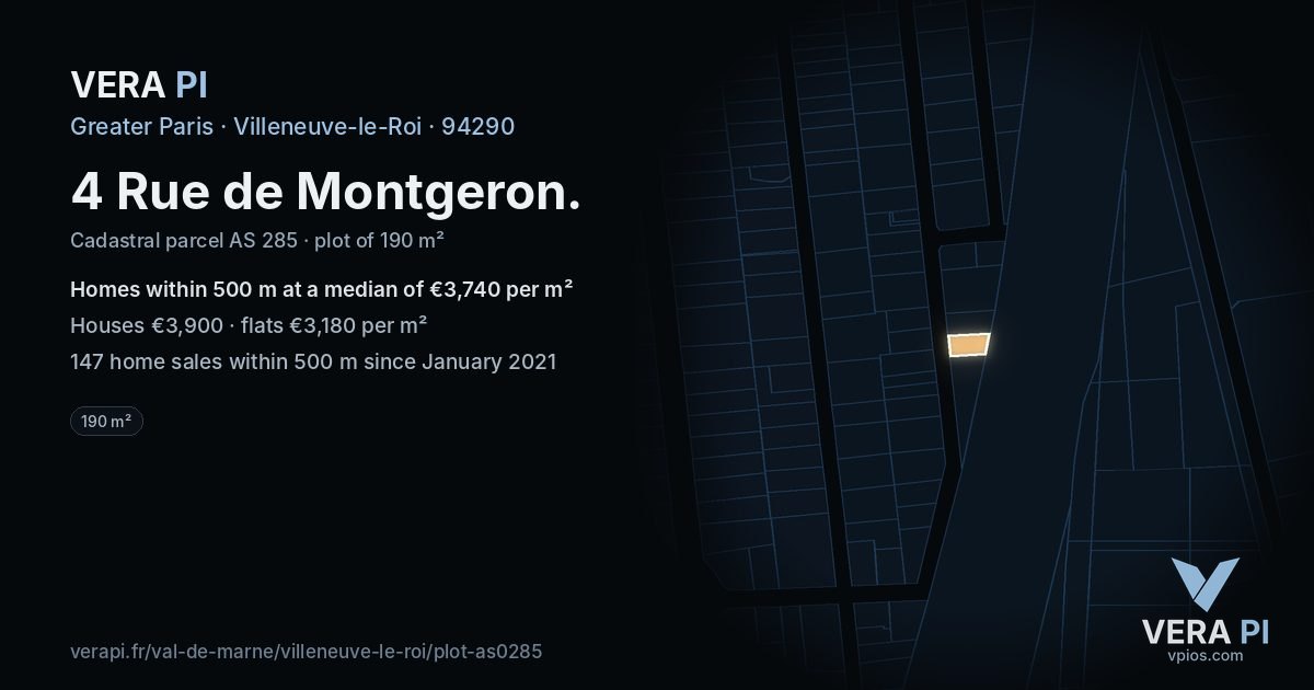 4 Rue de Montgeron, Villeneuve-le-Roi at night – the plot lit, the parcels around coloured by the prices near them