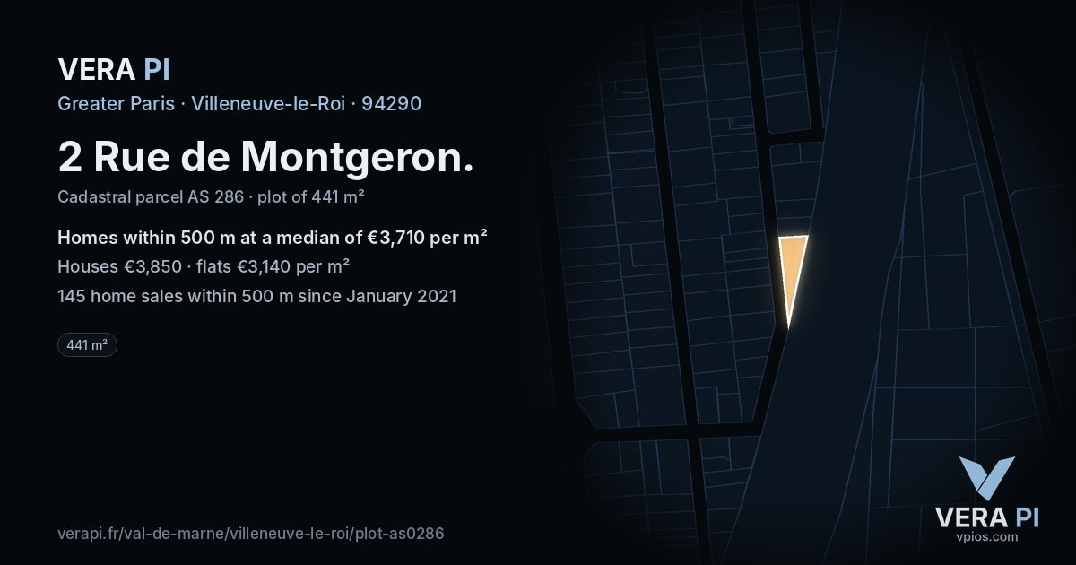 2 Rue de Montgeron, Villeneuve-le-Roi at night – the plot lit, the parcels around coloured by the prices near them
