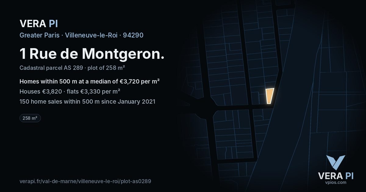 1 Rue de Montgeron, Villeneuve-le-Roi at night – the plot lit, the parcels around coloured by the prices near them