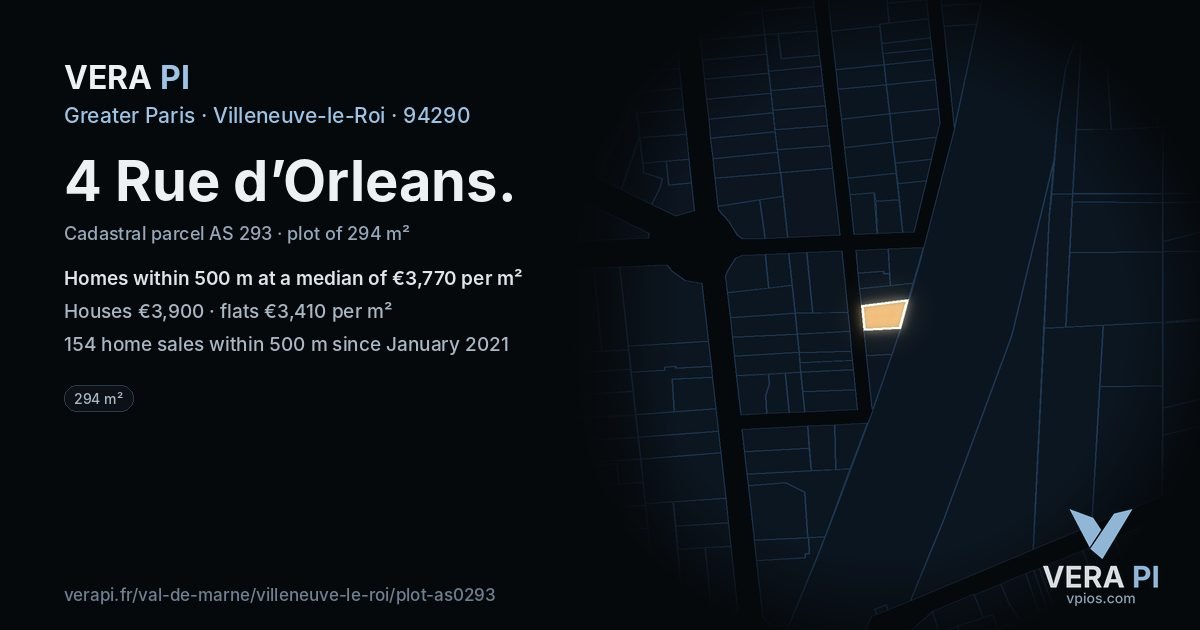 4 Rue d’Orleans, Villeneuve-le-Roi at night – the plot lit, the parcels around coloured by the prices near them