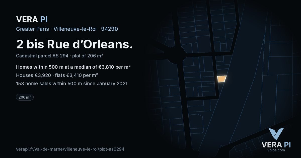 2 bis Rue d’Orleans, Villeneuve-le-Roi at night – the plot lit, the parcels around coloured by the prices near them