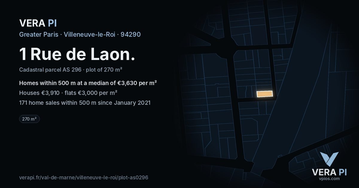 1 Rue de Laon, Villeneuve-le-Roi at night – the plot lit, the parcels around coloured by the prices near them