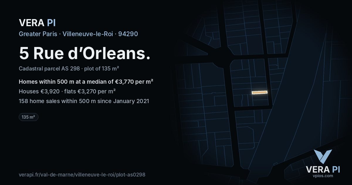 5 Rue d’Orleans, Villeneuve-le-Roi at night – the plot lit, the parcels around coloured by the prices near them