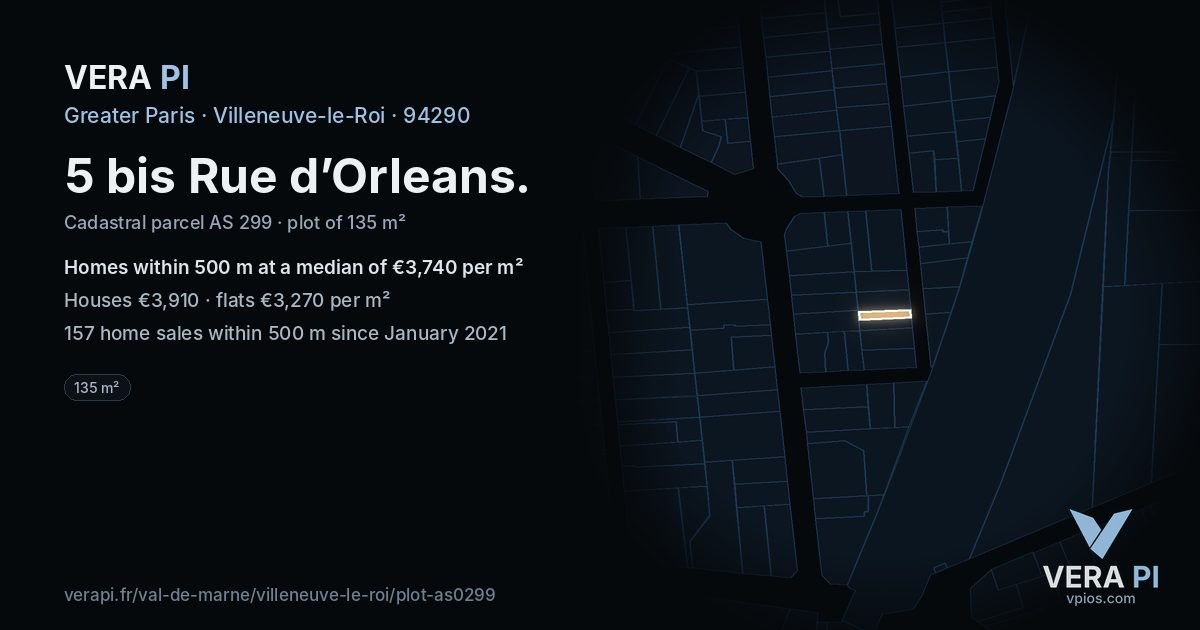 5 bis Rue d’Orleans, Villeneuve-le-Roi at night – the plot lit, the parcels around coloured by the prices near them