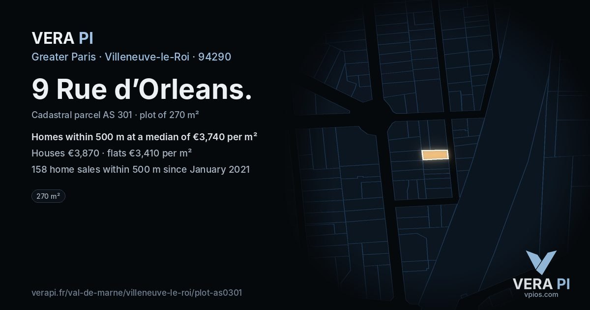 9 Rue d’Orleans, Villeneuve-le-Roi at night – the plot lit, the parcels around coloured by the prices near them
