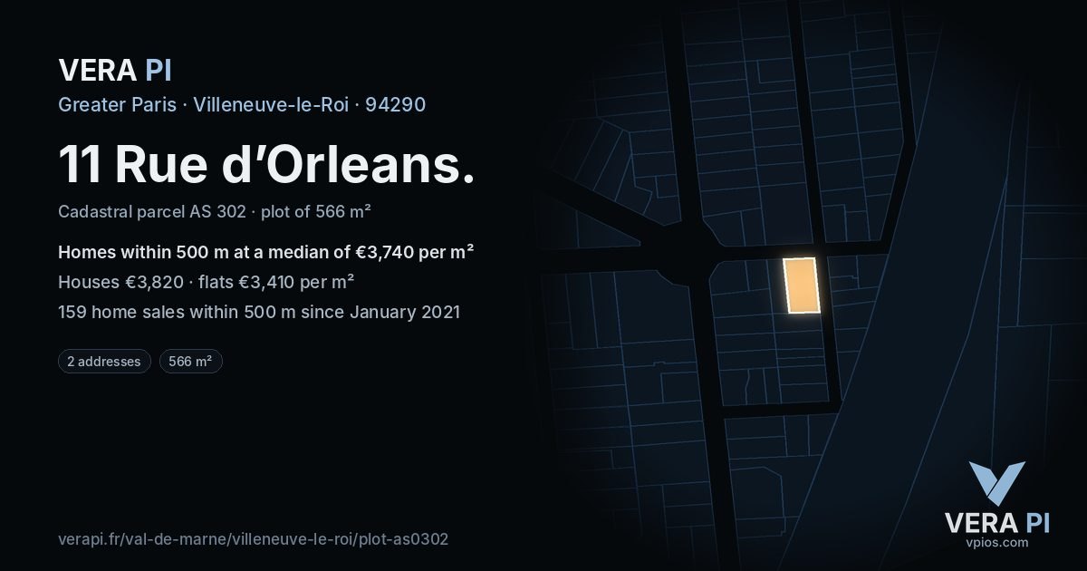11 Rue d’Orleans, Villeneuve-le-Roi at night – the plot lit, the parcels around coloured by the prices near them