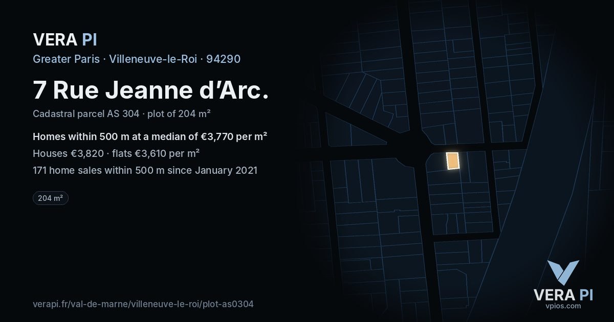 7 Rue Jeanne d’Arc, Villeneuve-le-Roi at night – the plot lit, the parcels around coloured by the prices near them