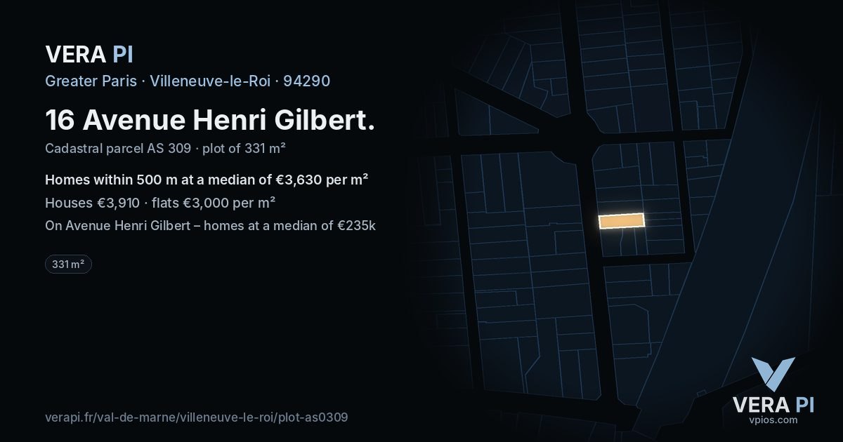 16 Avenue Henri Gilbert, Villeneuve-le-Roi at night – the plot lit, the parcels around coloured by the prices near them