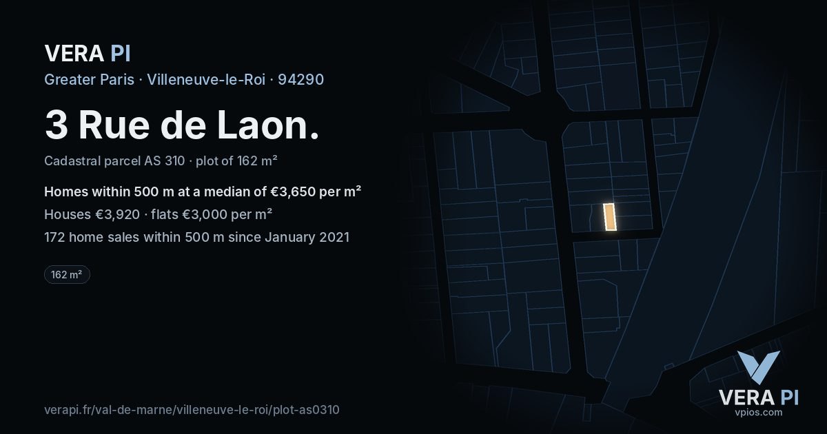 3 Rue de Laon, Villeneuve-le-Roi at night – the plot lit, the parcels around coloured by the prices near them