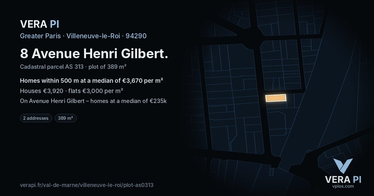 8 Avenue Henri Gilbert, Villeneuve-le-Roi at night – the plot lit, the parcels around coloured by the prices near them