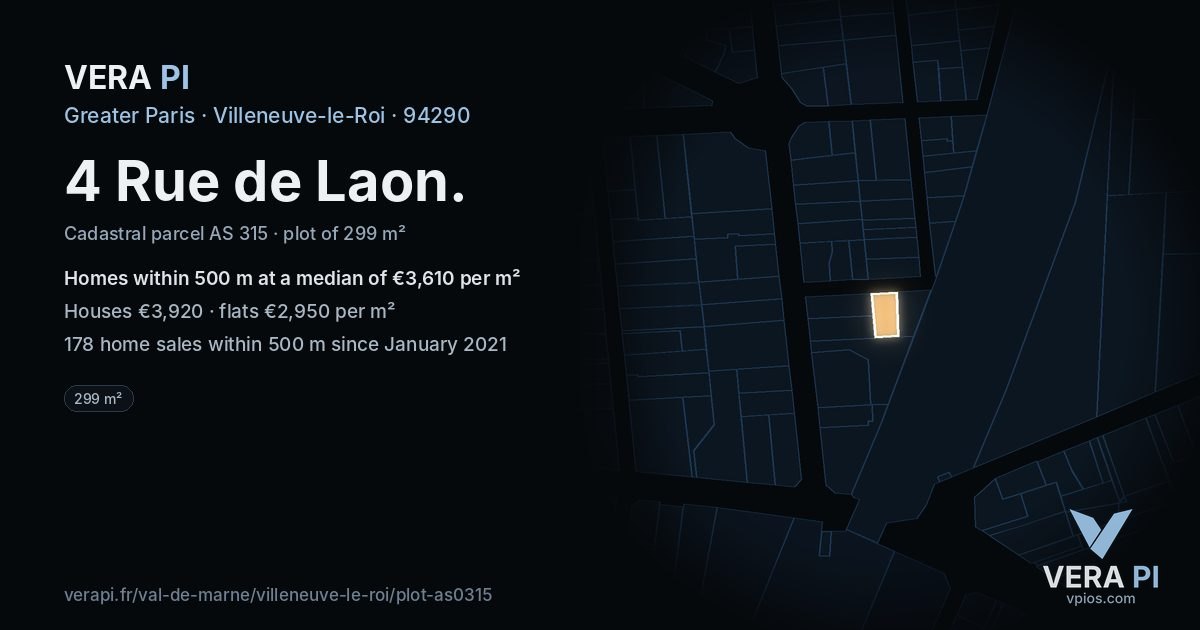 4 Rue de Laon, Villeneuve-le-Roi at night – the plot lit, the parcels around coloured by the prices near them