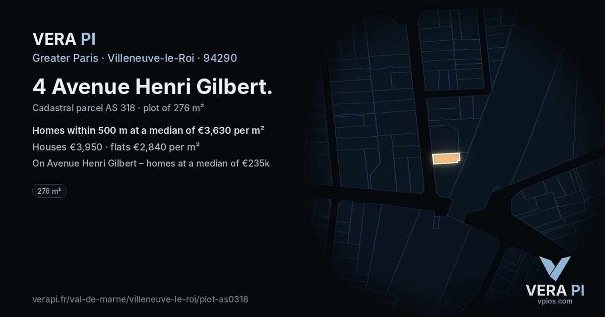 4 Avenue Henri Gilbert, Villeneuve-le-Roi at night – the plot lit, the parcels around coloured by the prices near them