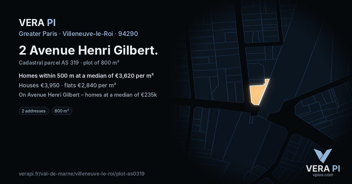 2 Avenue Henri Gilbert, Villeneuve-le-Roi at night – the plot lit, the parcels around coloured by the prices near them