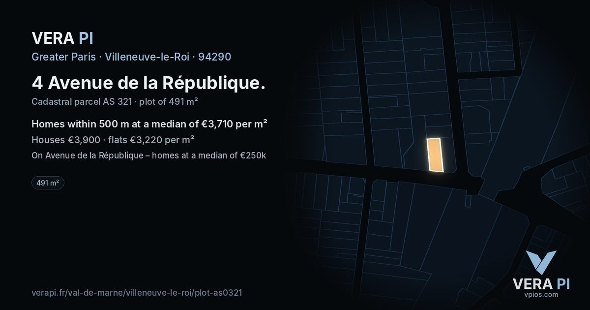 4 Avenue de la République, Villeneuve-le-Roi at night – the plot lit, the parcels around coloured by the prices near them