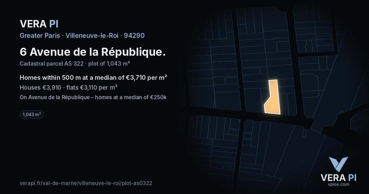6 Avenue de la République, Villeneuve-le-Roi at night – the plot lit, the parcels around coloured by the prices near them