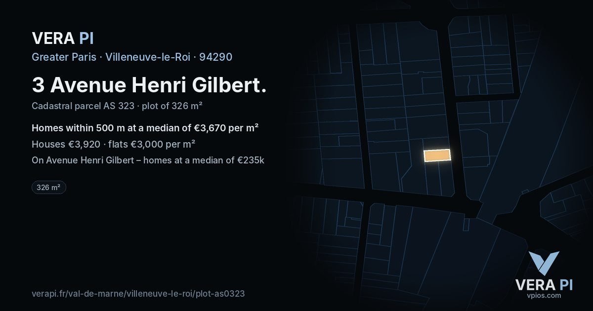3 Avenue Henri Gilbert, Villeneuve-le-Roi at night – the plot lit, the parcels around coloured by the prices near them