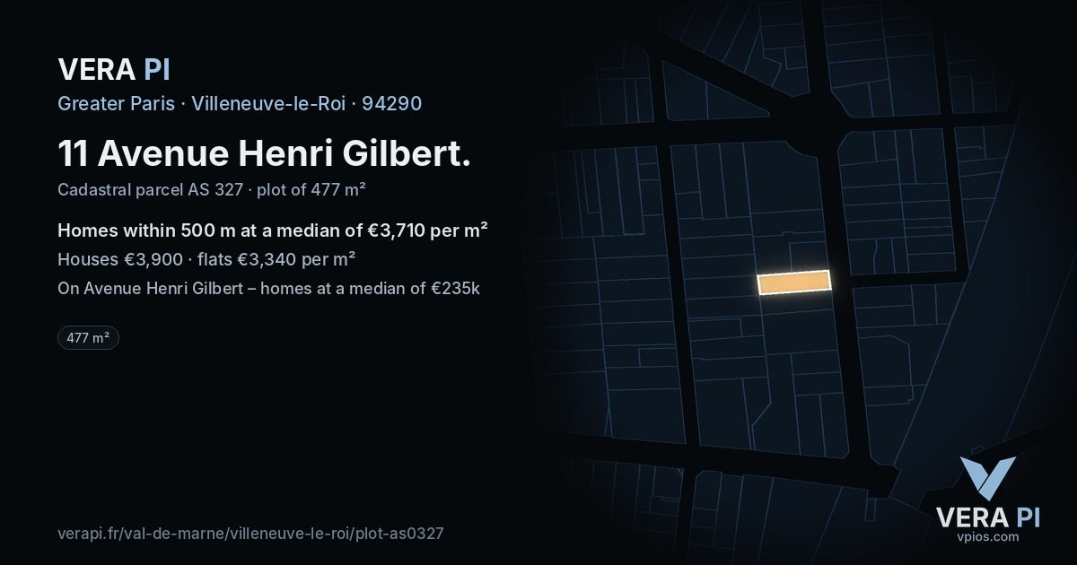 11 Avenue Henri Gilbert, Villeneuve-le-Roi at night – the plot lit, the parcels around coloured by the prices near them