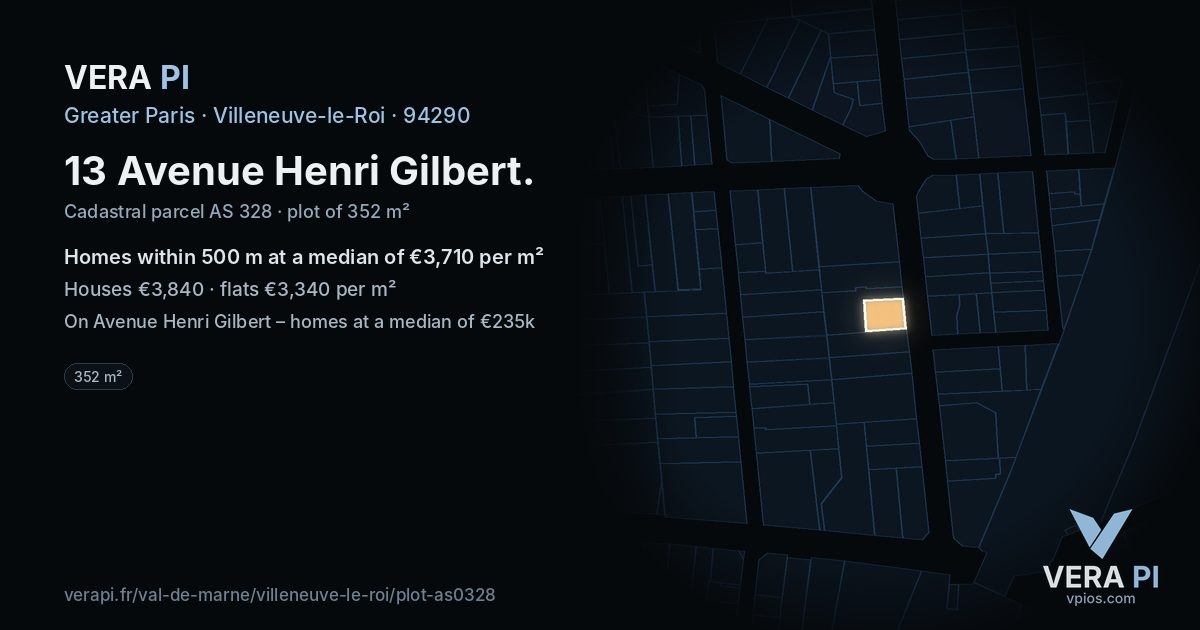 13 Avenue Henri Gilbert, Villeneuve-le-Roi at night – the plot lit, the parcels around coloured by the prices near them