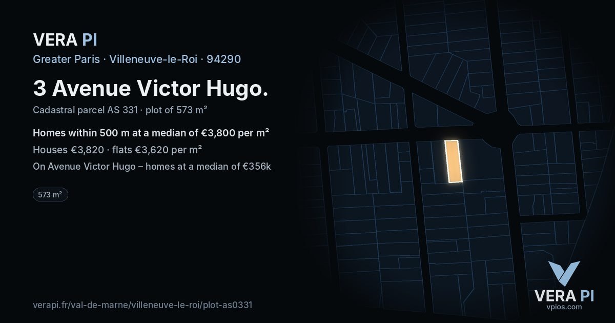 3 Avenue Victor Hugo, Villeneuve-le-Roi at night – the plot lit, the parcels around coloured by the prices near them