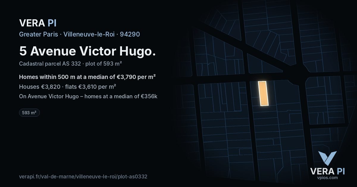5 Avenue Victor Hugo, Villeneuve-le-Roi at night – the plot lit, the parcels around coloured by the prices near them