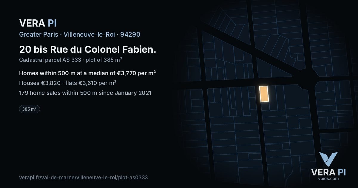 20 bis Rue du Colonel Fabien, Villeneuve-le-Roi at night – the plot lit, the parcels around coloured by the prices near them