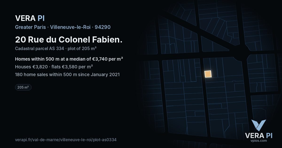 20 Rue du Colonel Fabien, Villeneuve-le-Roi at night – the plot lit, the parcels around coloured by the prices near them