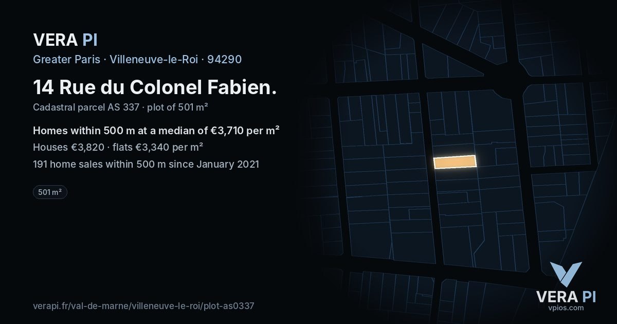 14 Rue du Colonel Fabien, Villeneuve-le-Roi at night – the plot lit, the parcels around coloured by the prices near them